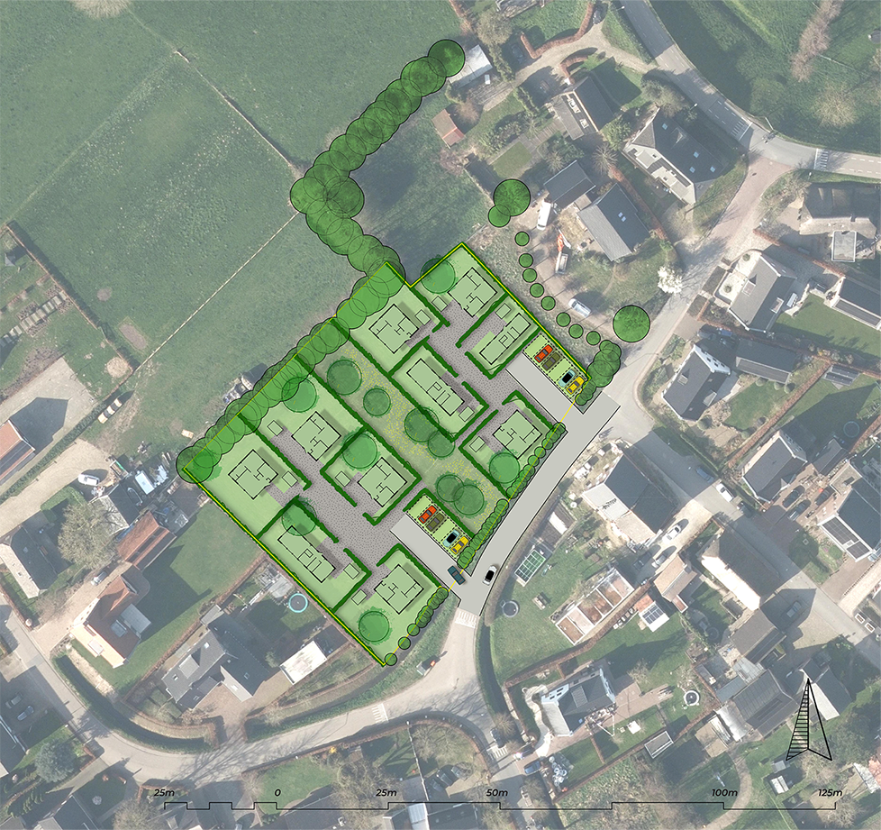 Luchtfoto met de kavels aan de Perzikstraat in Wijk en Aalburg