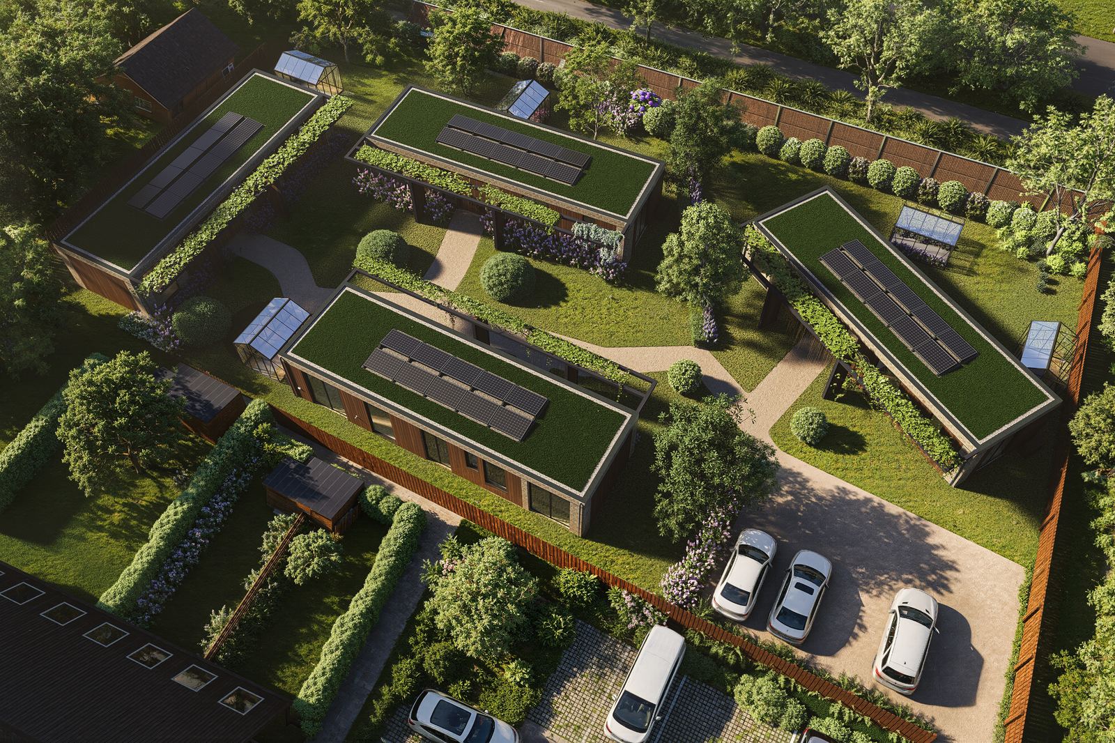 Impressie van de vier Plexatwoningen aan de Sjersestraat in Almkerk, van bovenaf