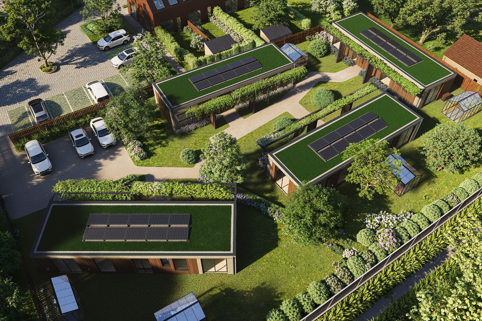 Impressie van de Plexatwoningen in Almkerk met groene daken en zonnepanelen