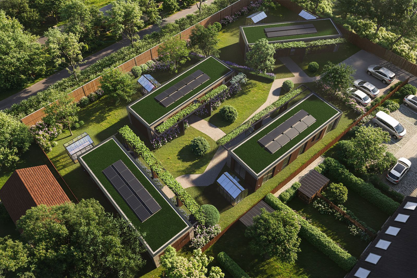 Impressie van de Plexatwoningen in Almkerk met tuinen en parkeerplaatsen