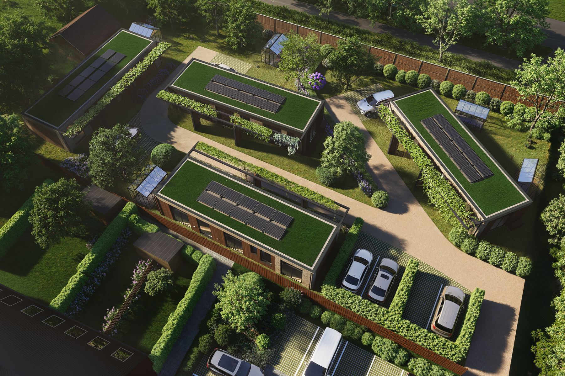 Impressie van de vier Plexatwoningen aan de Motte in Almkerk, van bovenaf, met groene daken en zonnepanelen
