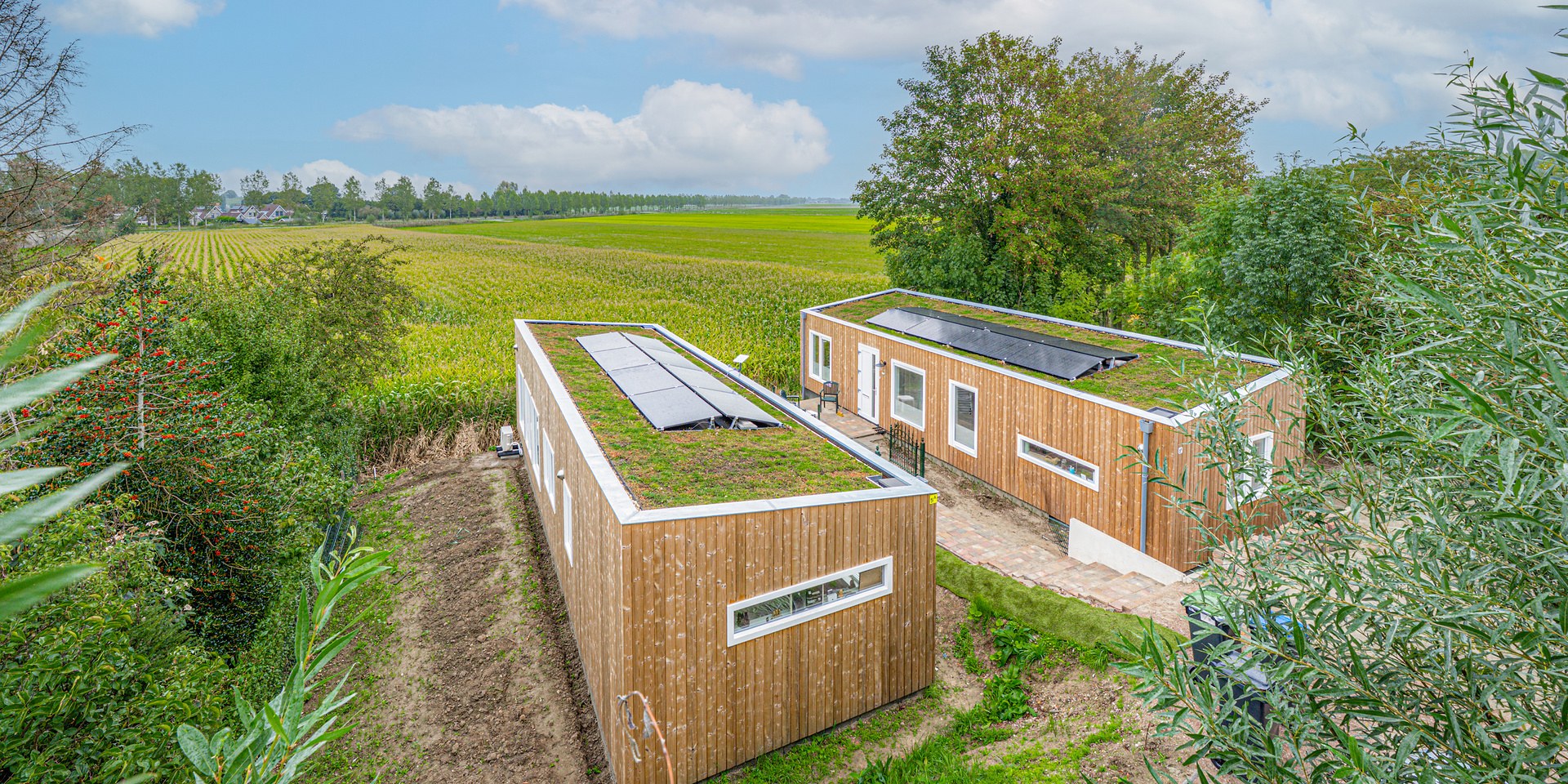 Twee Plexat-woningen met groen dak en zonnepanelen naast een maïsveld