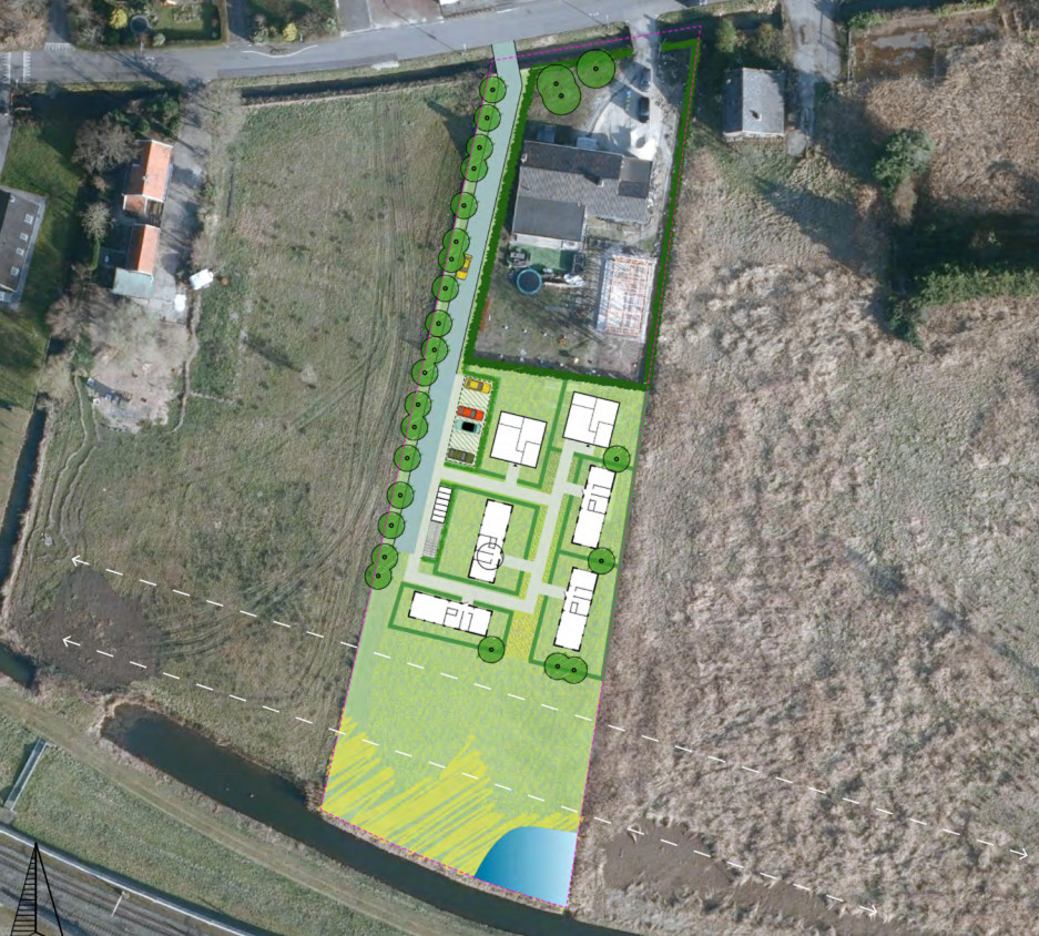 Luchtfoto van de kavel in Rotterdam met de woningen ingetekend