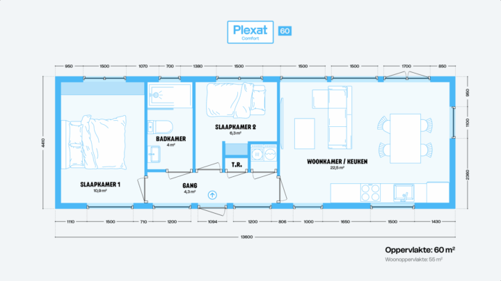 Plattegrond van de Plexat Comfort 60: woonoppervlakte 55 m², twee slaapkamers