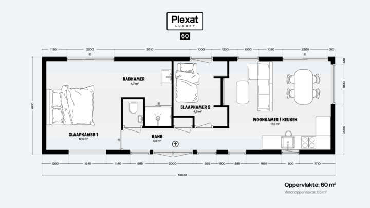 Plattegrond van de Plexat Luxury 60: woonoppervlakte 55 m², twee slaapkamers