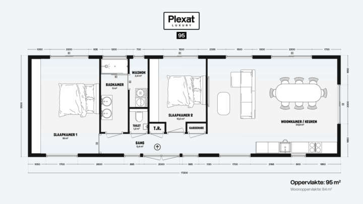 Plattegrond van de Plexat Luxury 95: woonoppervlakte 84 m², twee slaapkamers