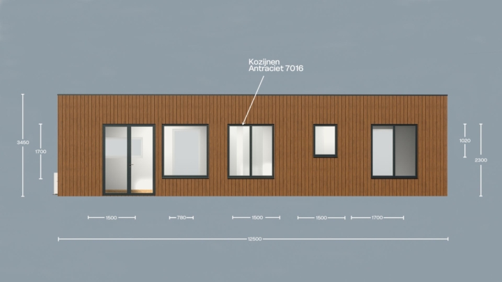 Render van de Plexat Comfort 50, achteraanzicht met maatvoering