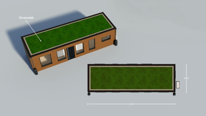 Render van de Plexat Comfort 50, bovenaanzicht met sedumdak met maatvoering