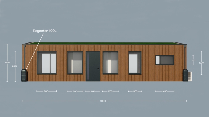 Render van de Plexat Comfort 50, vooraanzicht met maatvoering