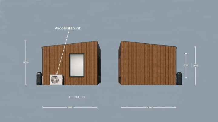 Render van de Plexat Comfort 50, zijaanzichten met maatvoering