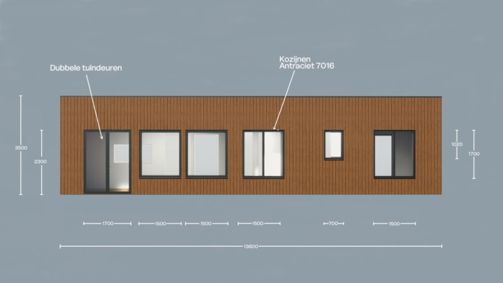 Render van de Plexat Comfort 60, achteraanzicht met maatvoering