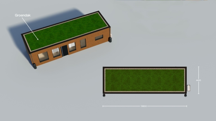 Render van de Plexat Comfort 60, bovenaanzicht met sedumdak met maatvoering