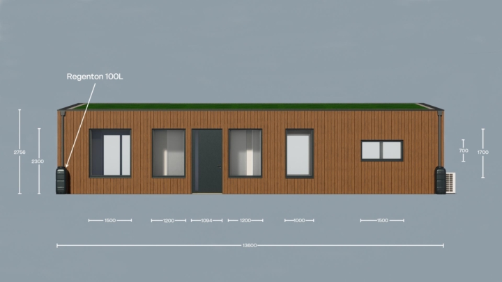 Render van de Plexat Comfort 60, vooraanzicht met maatvoering