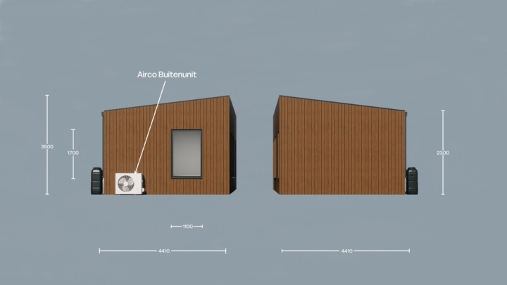 Render van de Plexat Comfort 60, zijaanzichten met maatvoering