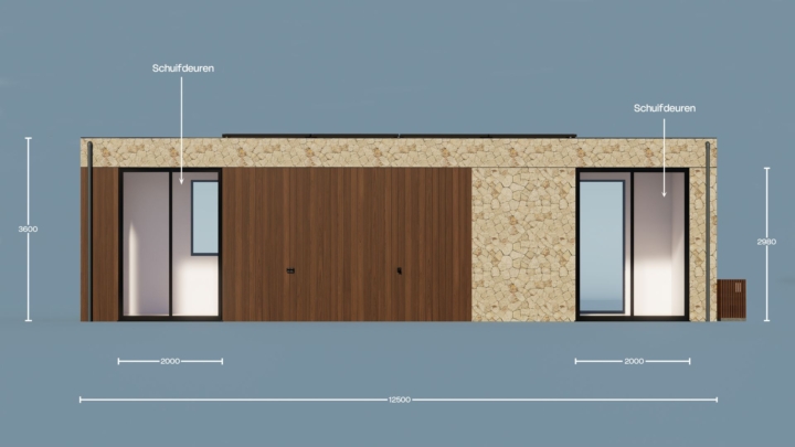 Render van de Plexat Luxury 50, achteraanzicht met maatvoering