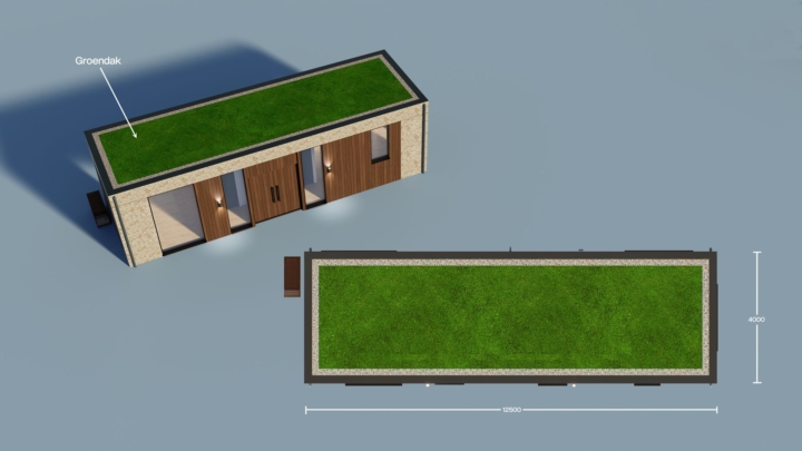 Render van de Plexat Luxury 50, bovenaanzicht met sedumdak met maatvoering