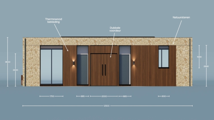 Render van de Plexat Luxury 50, vooraanzicht met maatvoering
