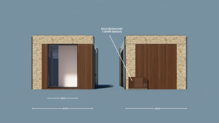 Render van de Plexat Luxury 50, zijaanzichten met maatvoering