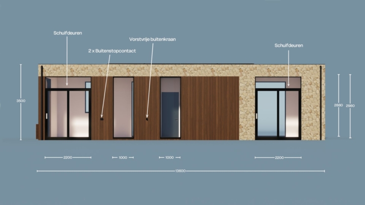 Render van de Plexat Luxury 60, achteraanzicht met maatvoering
