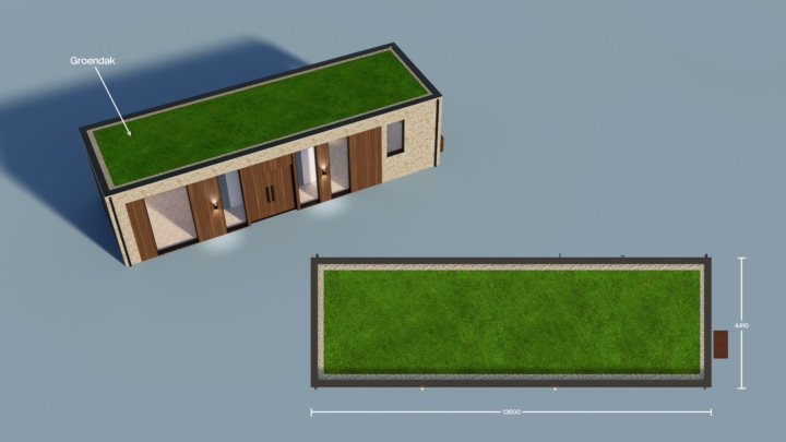 Render van de Plexat Luxury 60, bovenaanzicht met sedumdak met maatvoering