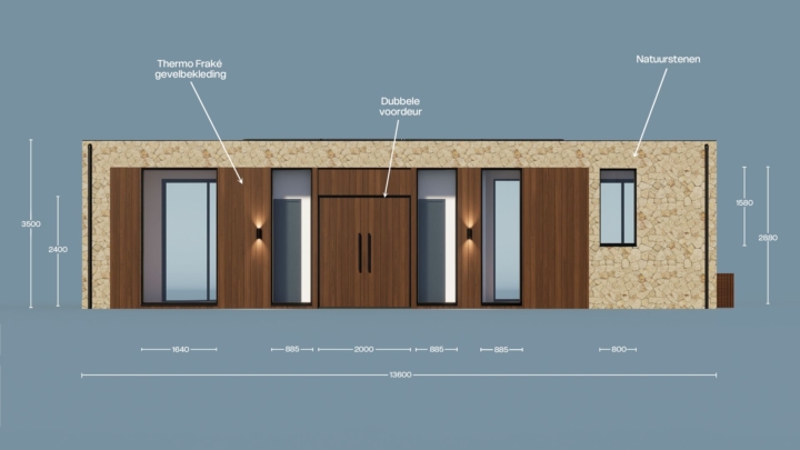 Render van de Plexat Luxury 60, vooraanzicht met maatvoering