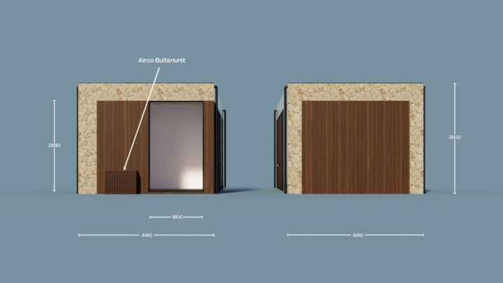 Render van de Plexat Luxury 60, zijaanzichten met maatvoering