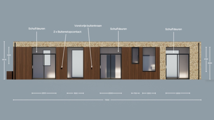 Render van de Plexat Luxury 95, achteraanzicht met maatvoering