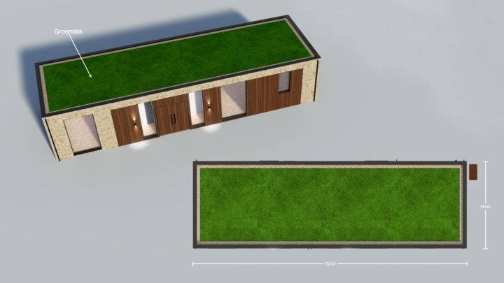 Render van de Plexat Luxury 95, bovenaanzicht met sedumdak met maatvoering