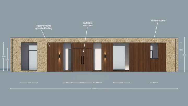 Render van de Plexat Luxury 95, vooraanzicht met maatvoering