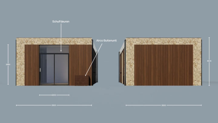 Render van de Plexat Luxury 95, zijaanzichten met maatvoering