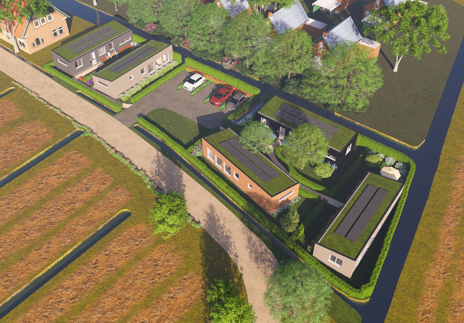 Impressie van de Plexatwoningen aan de Wielstraat in Rijswijk met tuinen en parkeerplaatsen