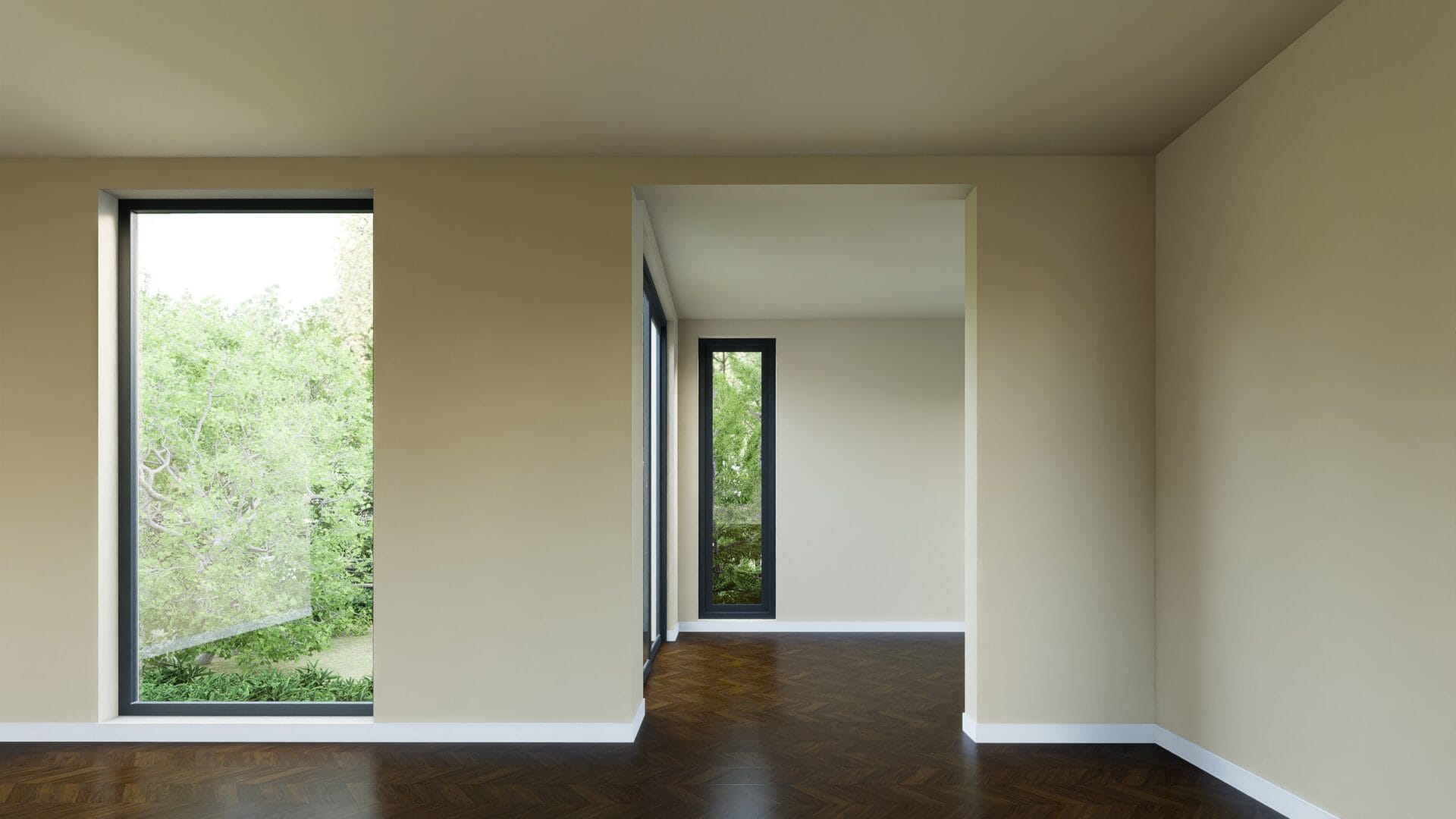 sand color ceiling + sand color walls + donkerhouten visgraatvloer floor